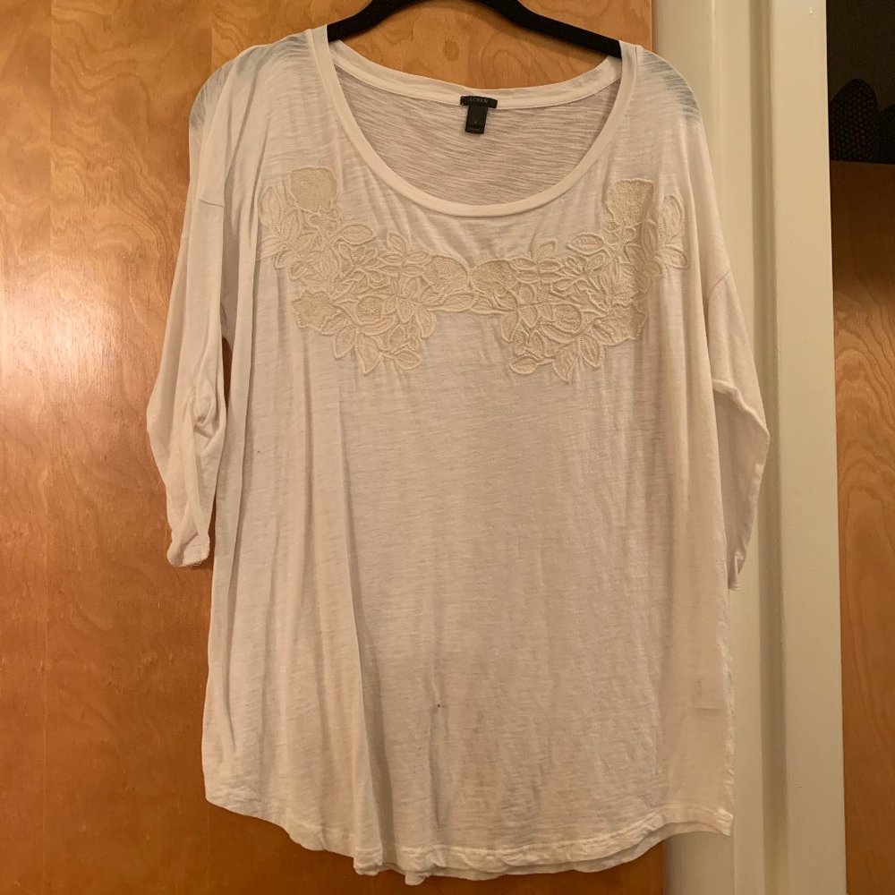 J. Crew Cream Heather Floral Embroidery Tee L EUC